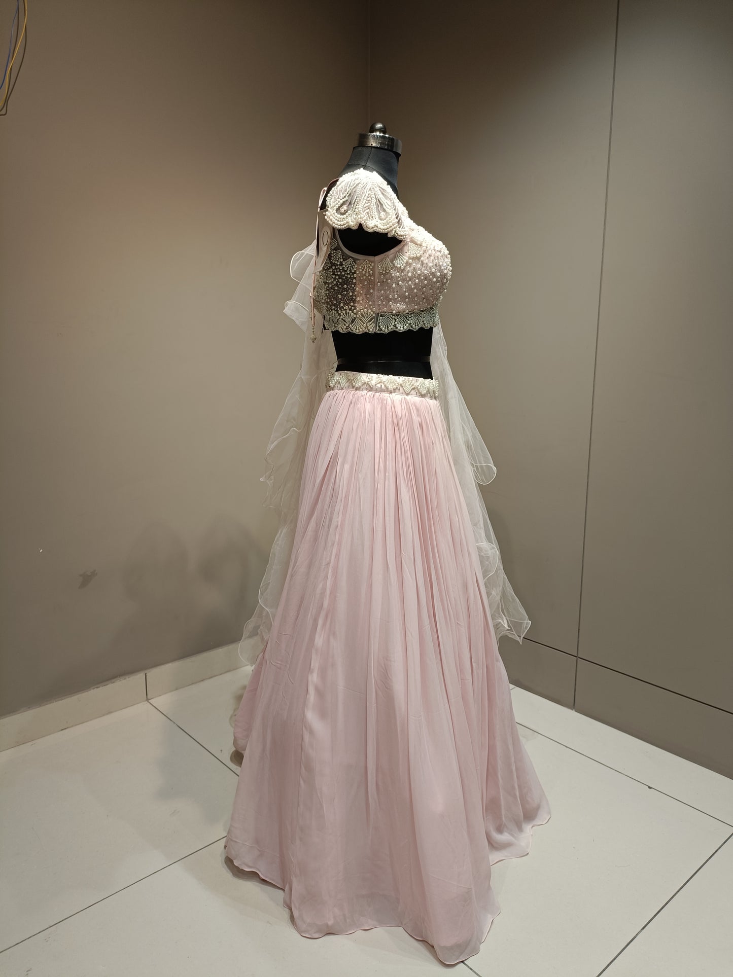 Elegant Chinon Crop Top with Delicate Pearl Embellishments