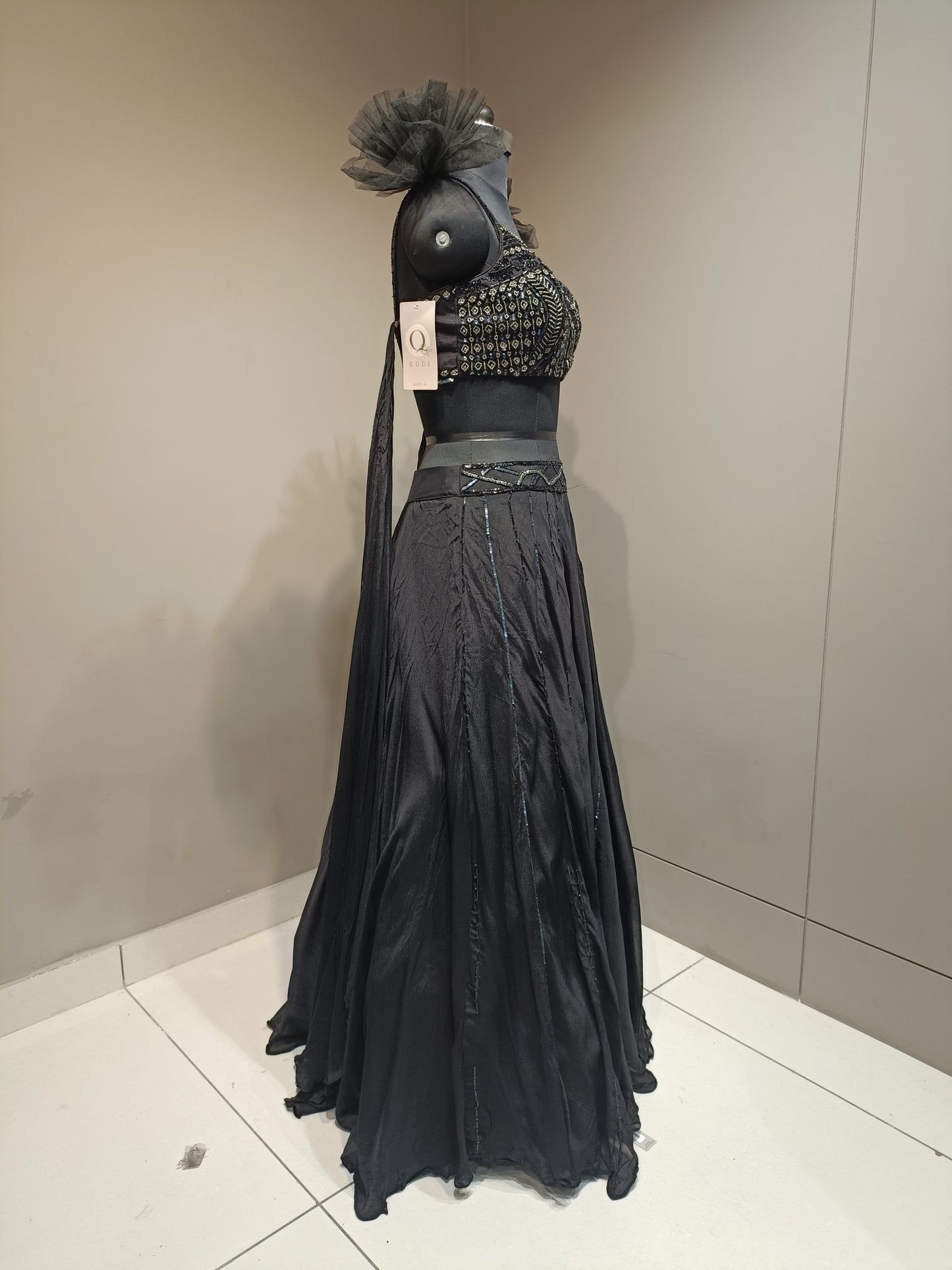 Black Chinon Crop Top with Bead Work