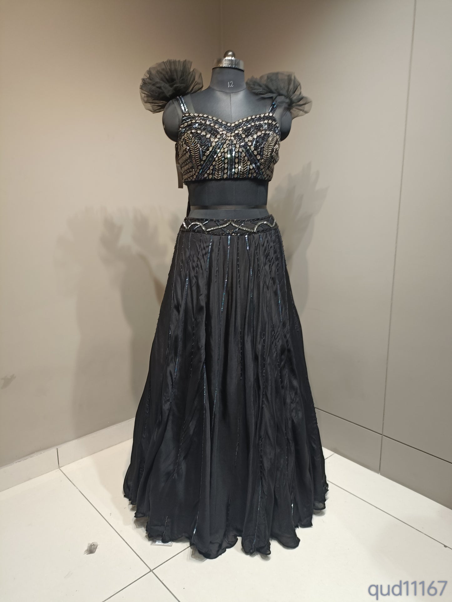 Black Chinon Crop Top with Bead Work