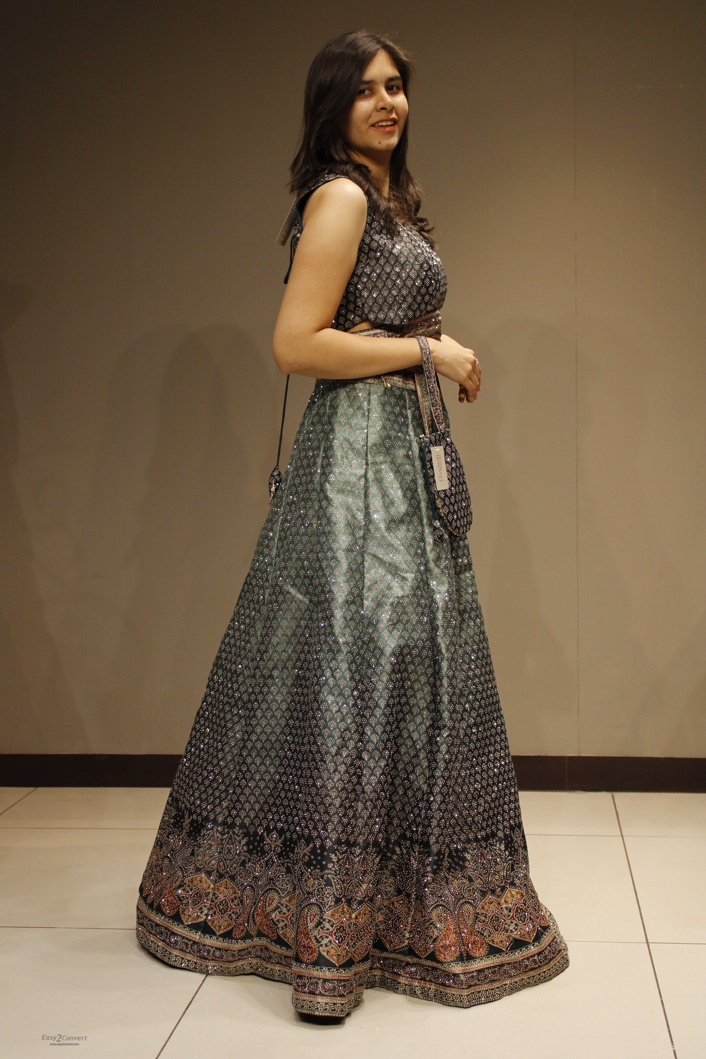 Elegant Silk Crop Top with Dazzling Crystal Embellishments