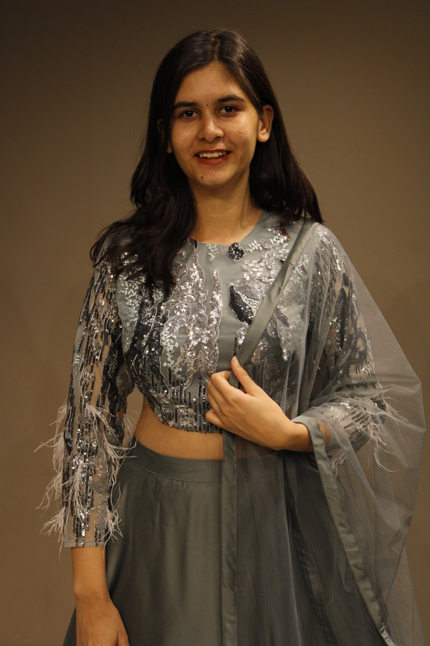 Chic Crepe Crop Top with Glamorous Sequin Embellishments