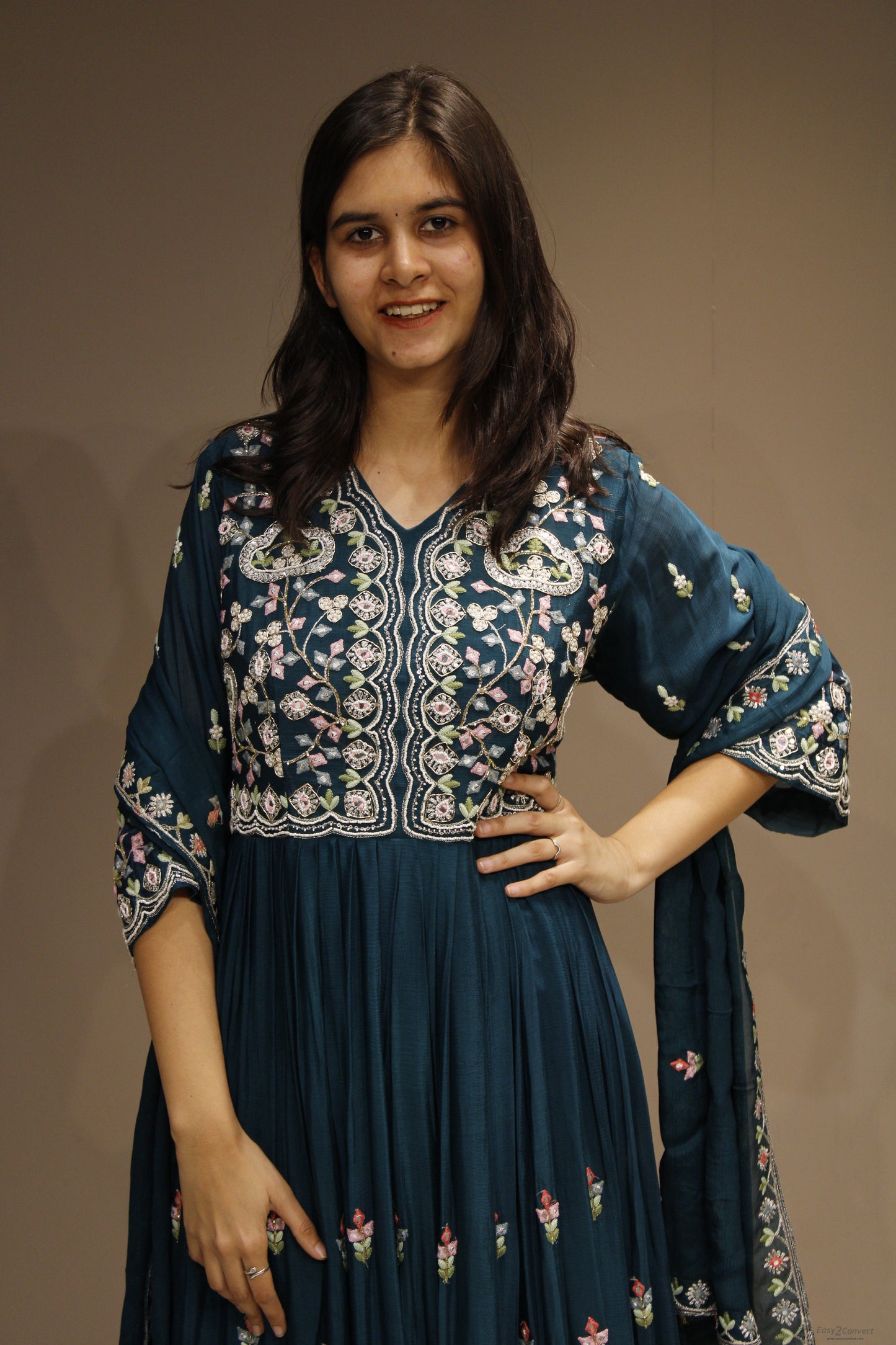 Chinon Floor-Length Dress with Intricate Resham Embroidery