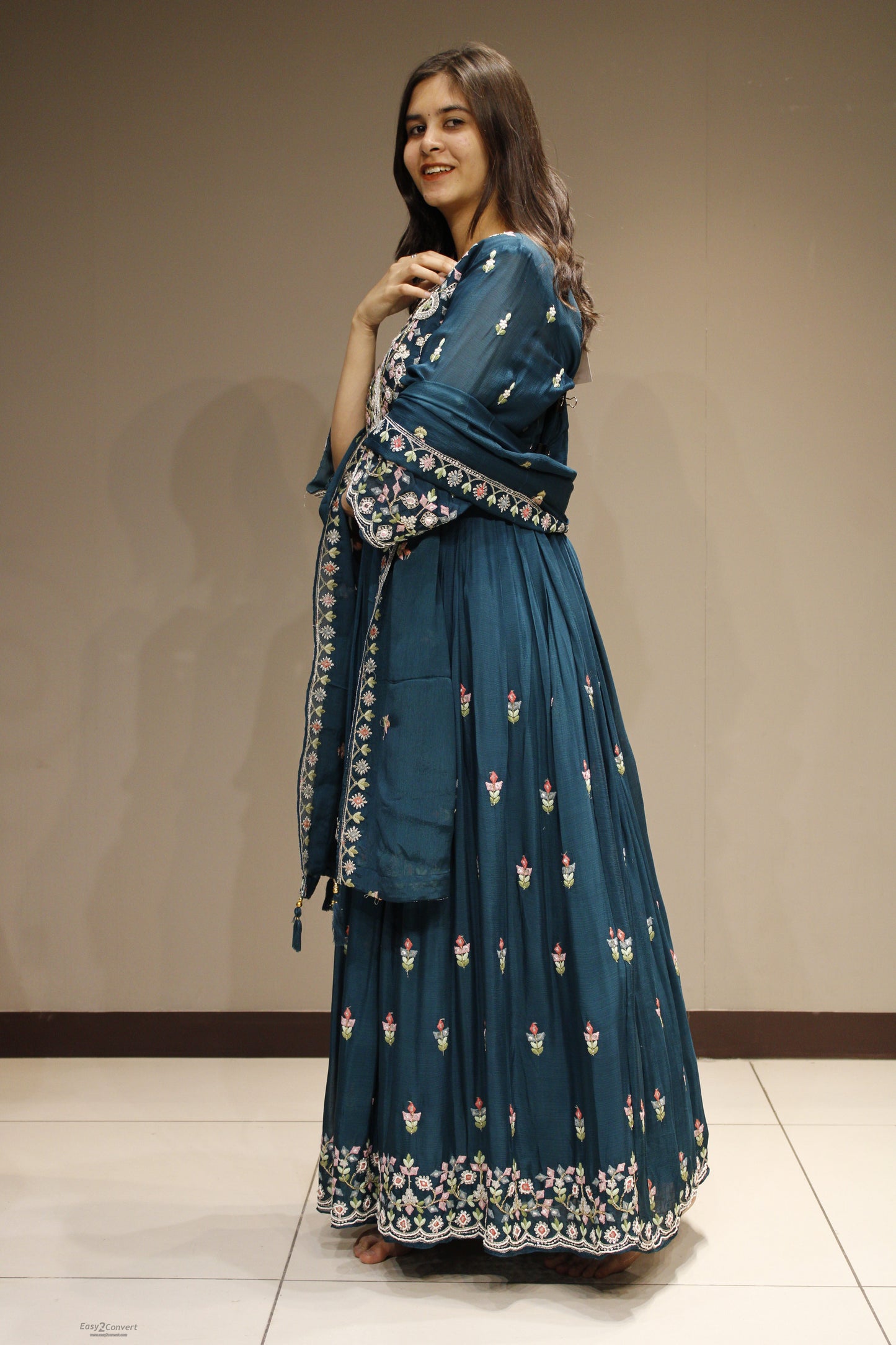 Chinon Floor-Length Dress with Intricate Resham Embroidery