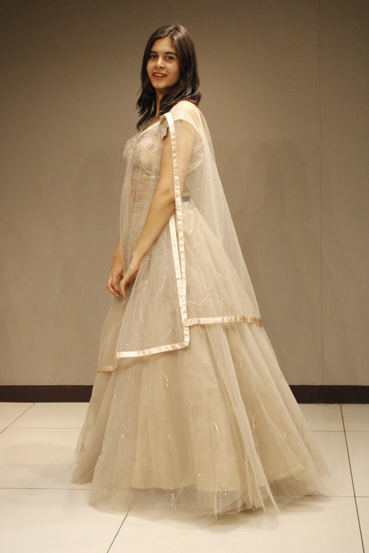 Elegant Net Crop Top with Handcrafted Cutdana Embellishments