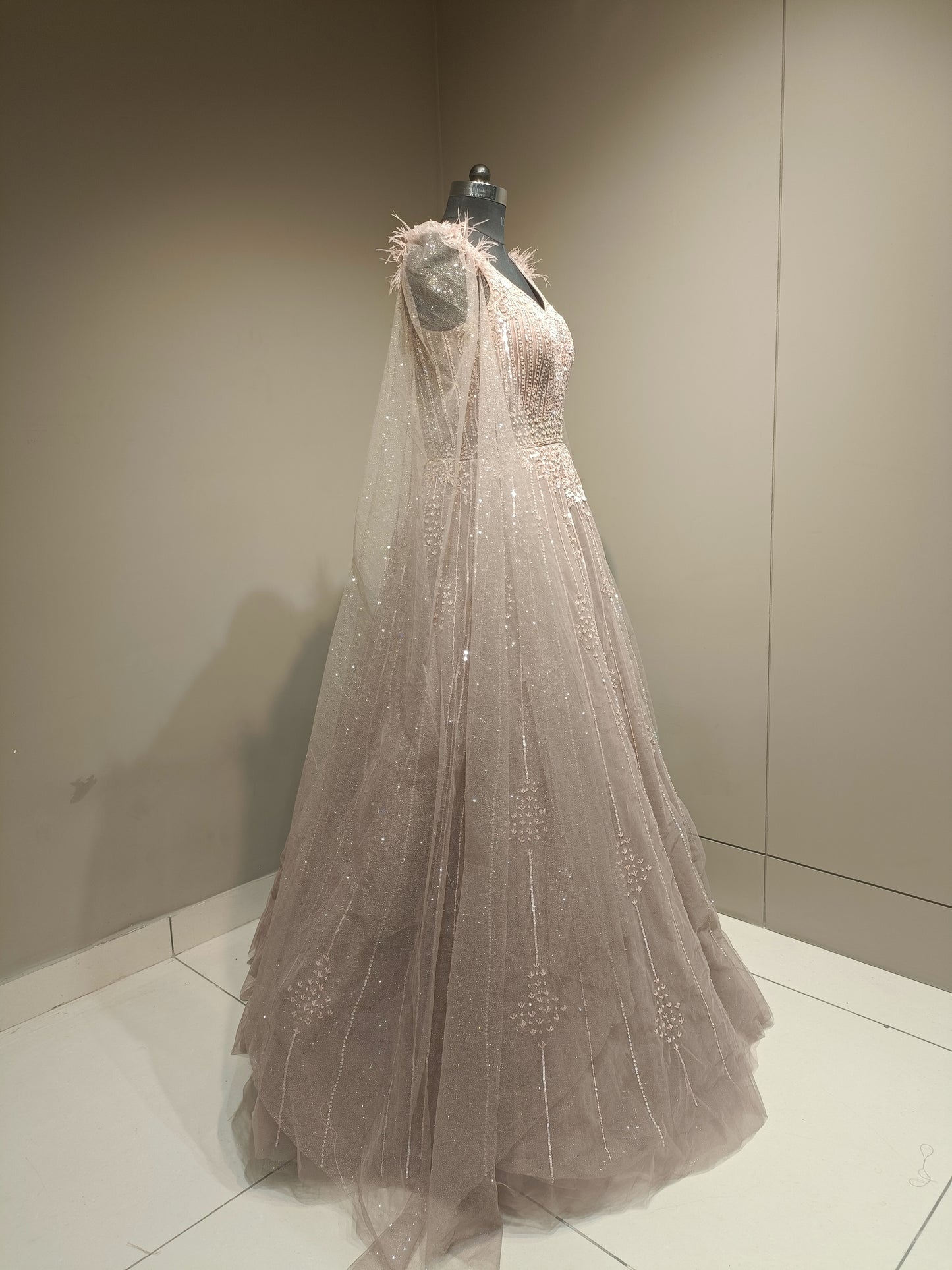 Ethereal Net Gown with Shimmering Sequin Embellishments