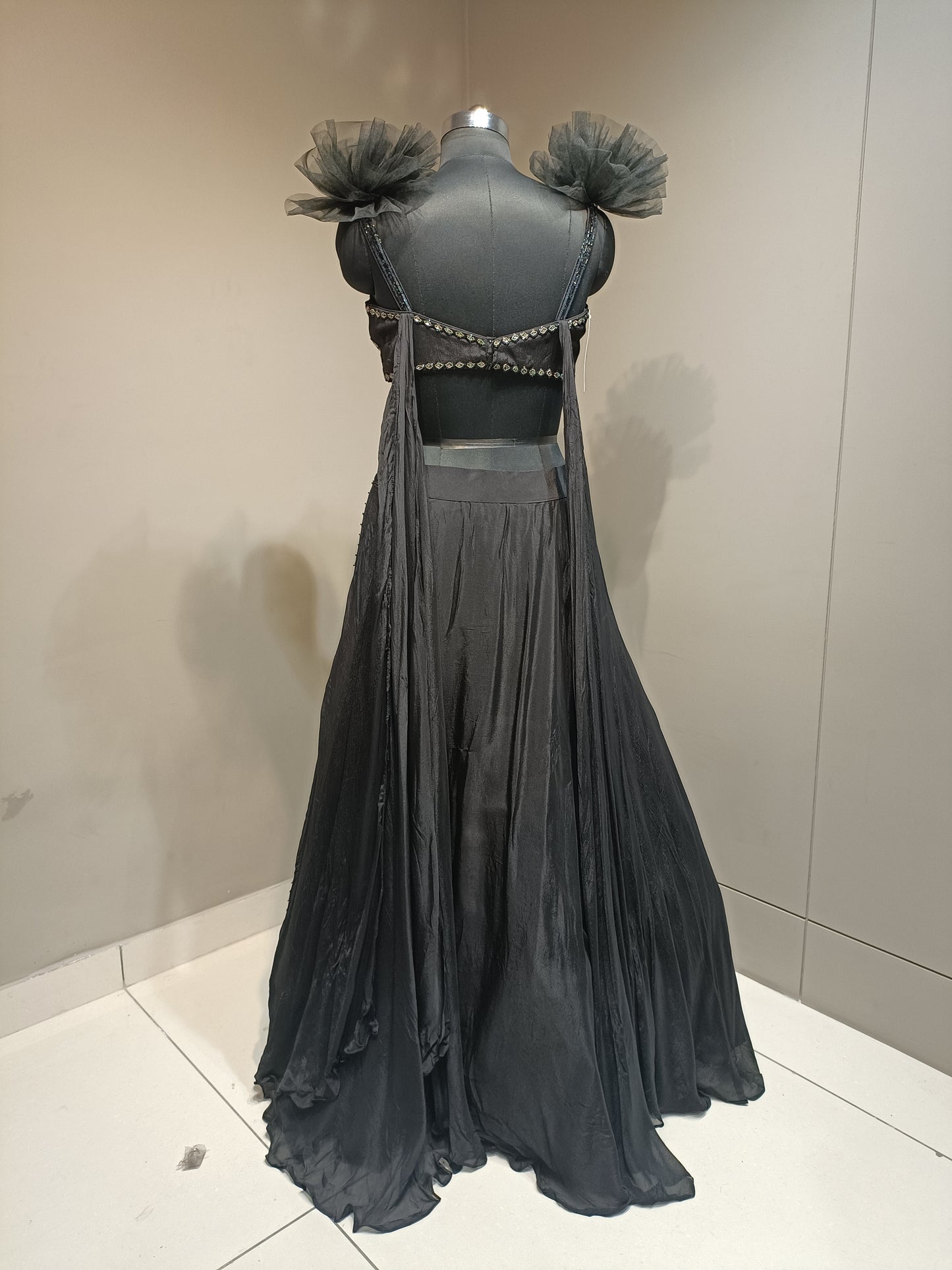 Black Chinon Crop Top with Bead Work