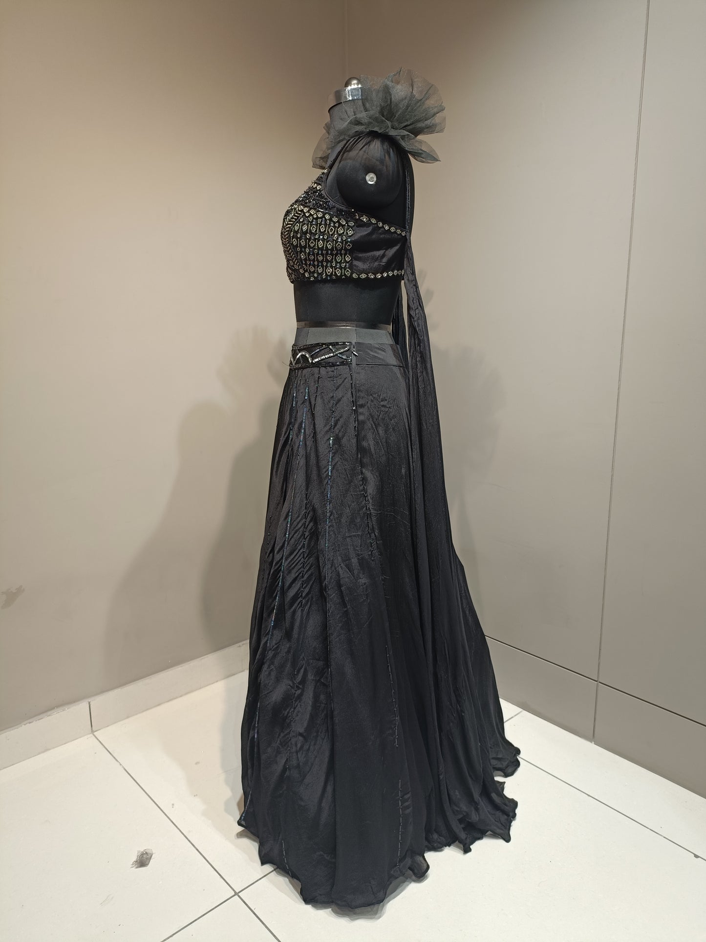 Black Chinon Crop Top with Bead Work