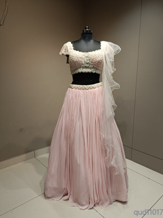 Elegant Chinon Crop Top with Delicate Pearl Embellishments