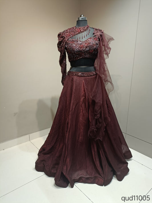 Wine Cutdana Embellished Crop Top