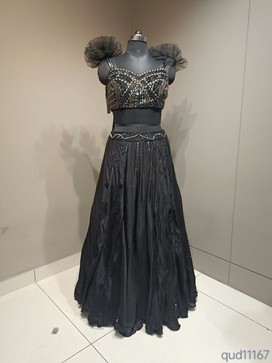 Black Chinon Crop Top with Bead Work
