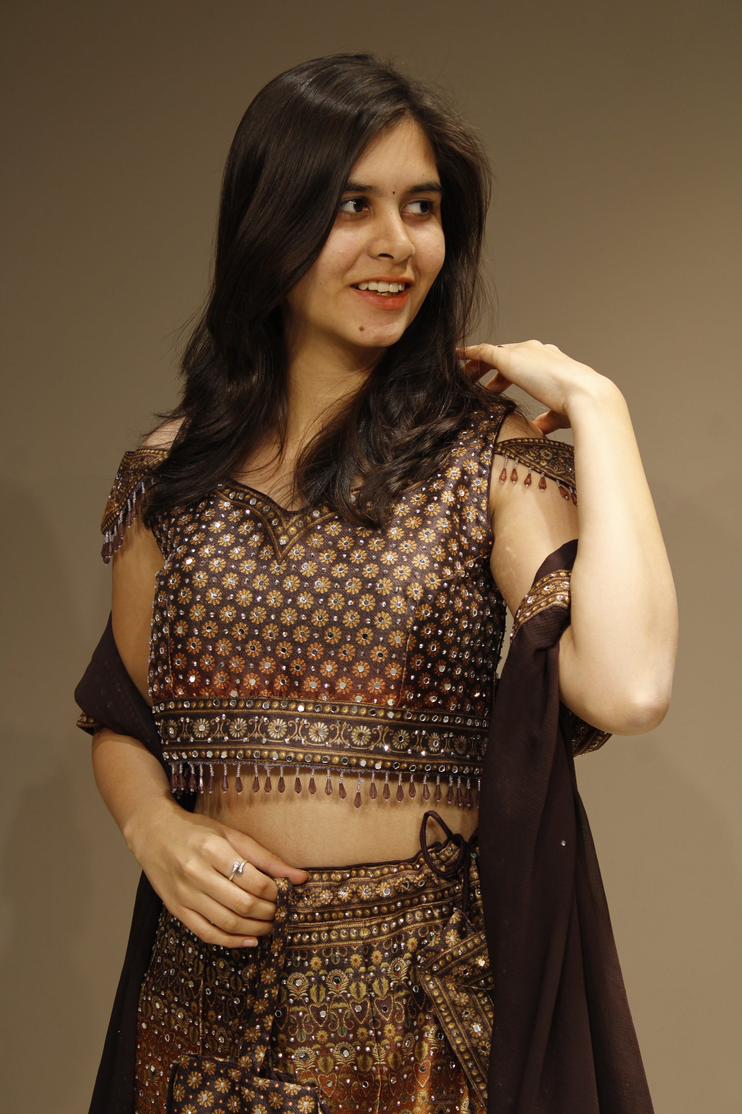 Luxurious Silk Crop Top with Sparkling Crystal Embellishments