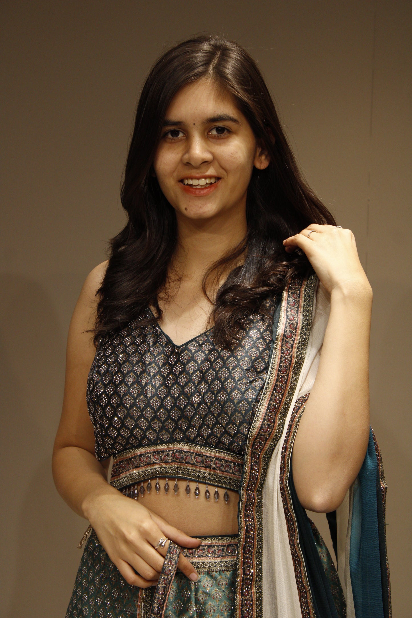 Elegant Silk Crop Top with Dazzling Crystal Embellishments
