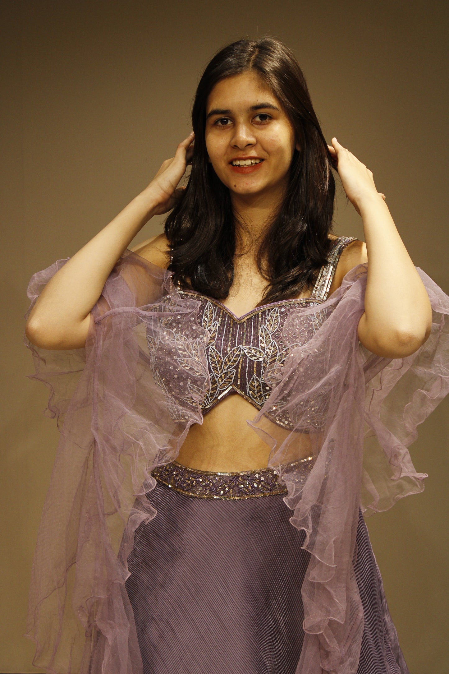 Elegant Organza Tissue Crop Top with Mirror Embellishments