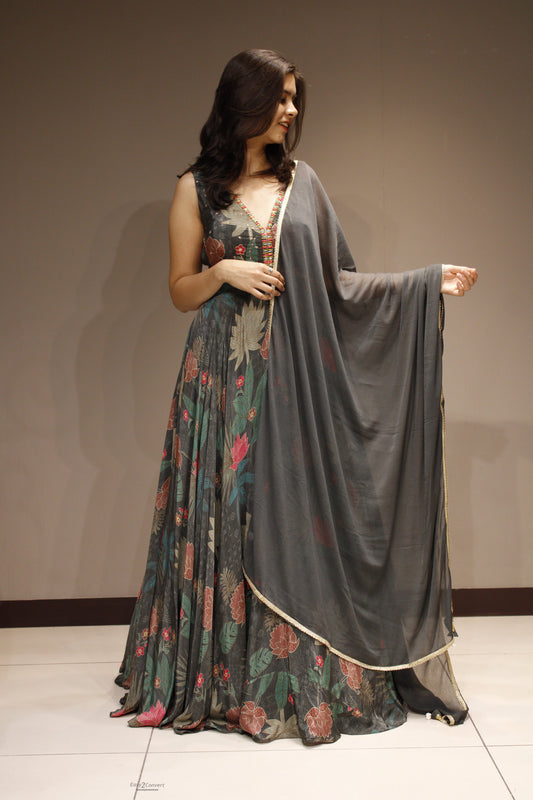 Satin Gown with Intricate Mirror Work