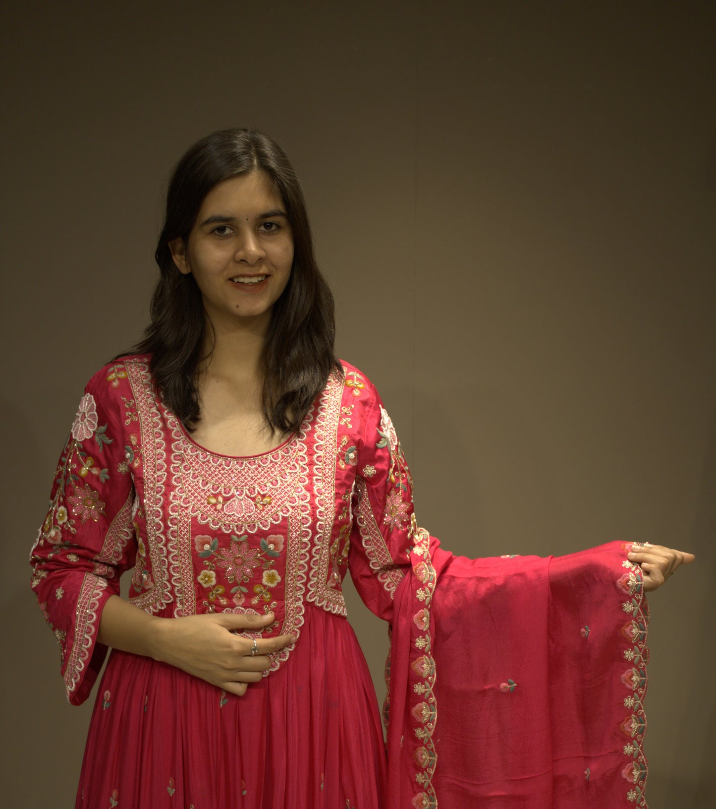 Chinon Floor-Length Dress with Elegant Pearl Embellishment