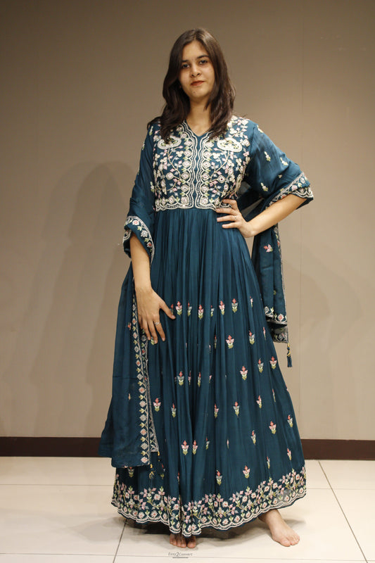 Chinon Floor-Length Dress with Intricate Resham Embroidery