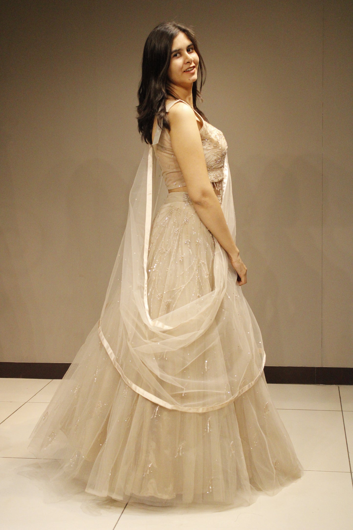 Elegant Net Crop Top with Handcrafted Cutdana Embellishments