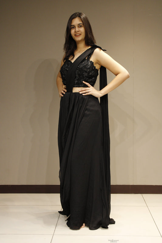 Exquisite Chinon Drape-On Gown with Handcrafted Cutdana Detailing
