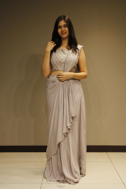 Luxurious Chinon Drape-On Gown with Handcrafted Cutdana Detailing