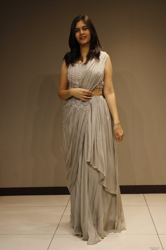 Graceful Chinon Drape-On Gown with Elegant Pearl Embellishments