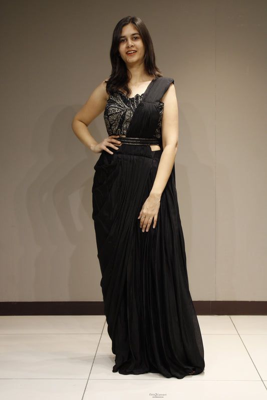 Elegant Chinon Drape-On Gown with Intricate Cutdana Embellishments